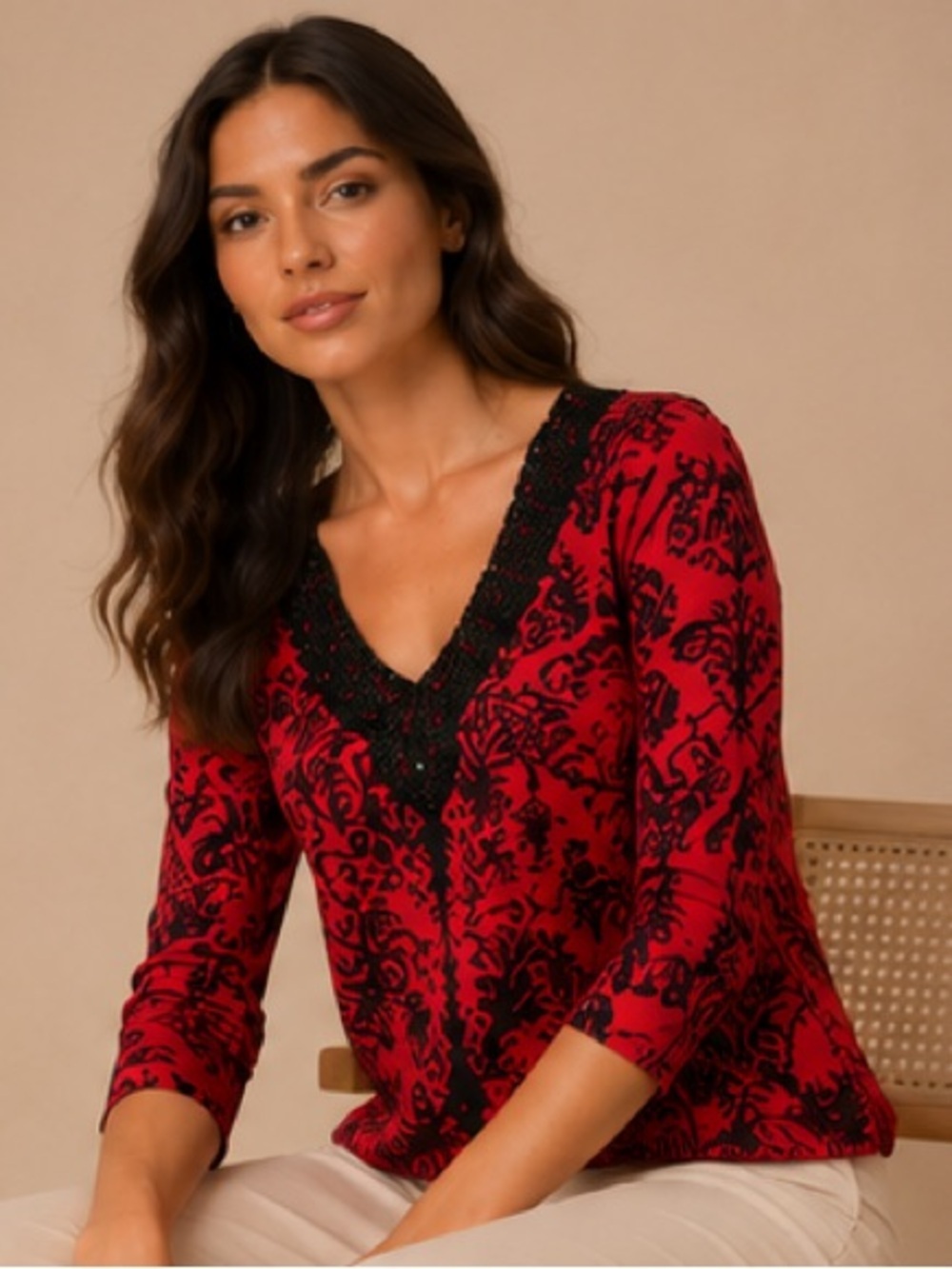 Onque Casual Red Black Scroll Print Embellished Top Women's Large